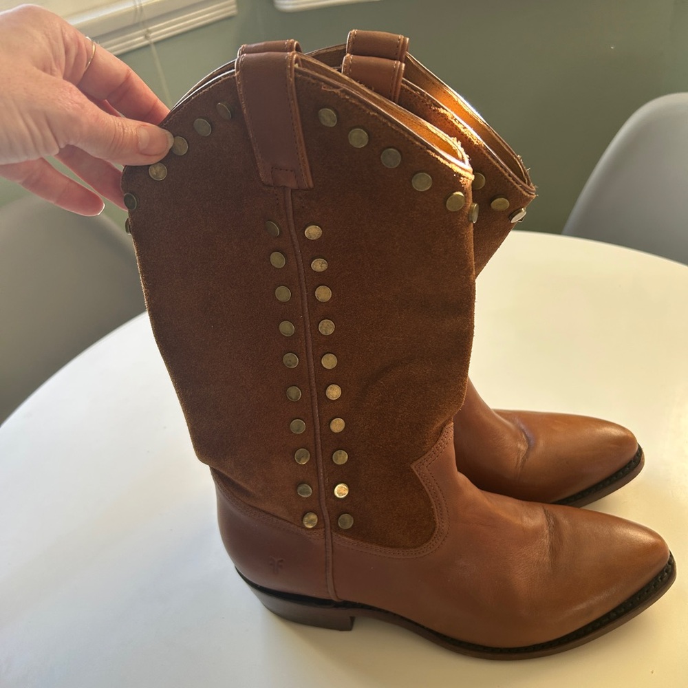 Frye Brown Heeled Boots with Stud Accents - Picture 2 of 7